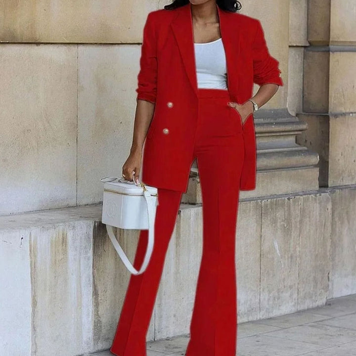 Women's Double-Breasted Tailored Blazer Suit Set Flared Pants - Red