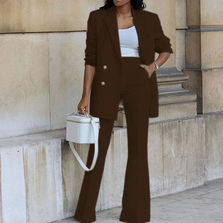 Women's Double-Breasted Tailored Blazer Suit Set Flared Pants - Coffee