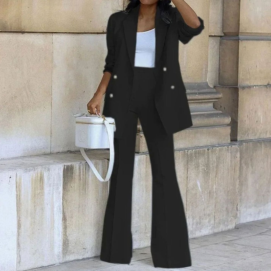 Women's Double-Breasted Tailored Blazer Suit Set Flared Pants - Black