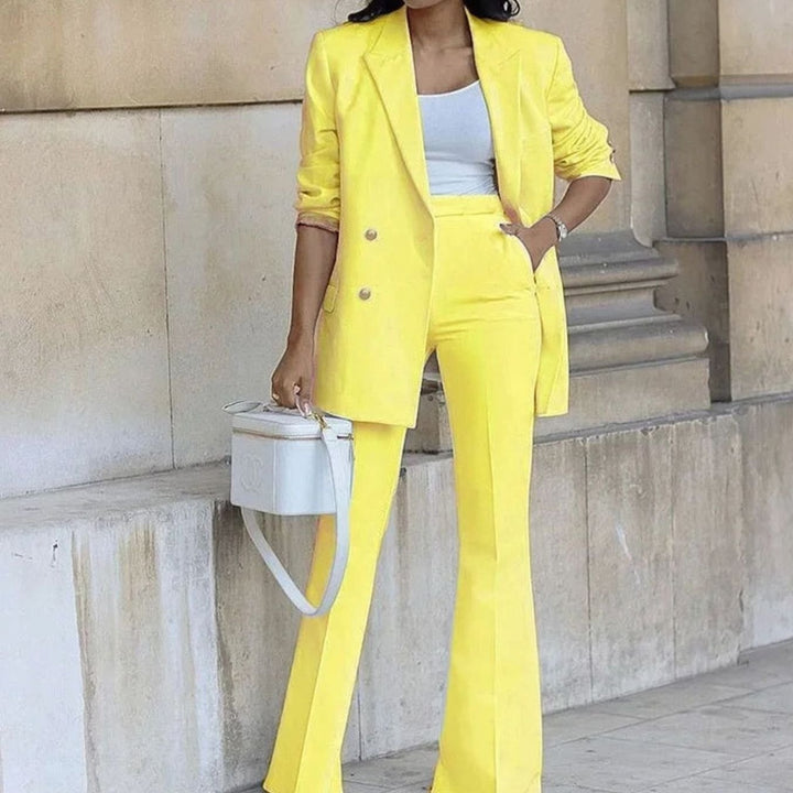 Women's Double-Breasted Tailored Blazer Suit Set Flared Pants - Yellow