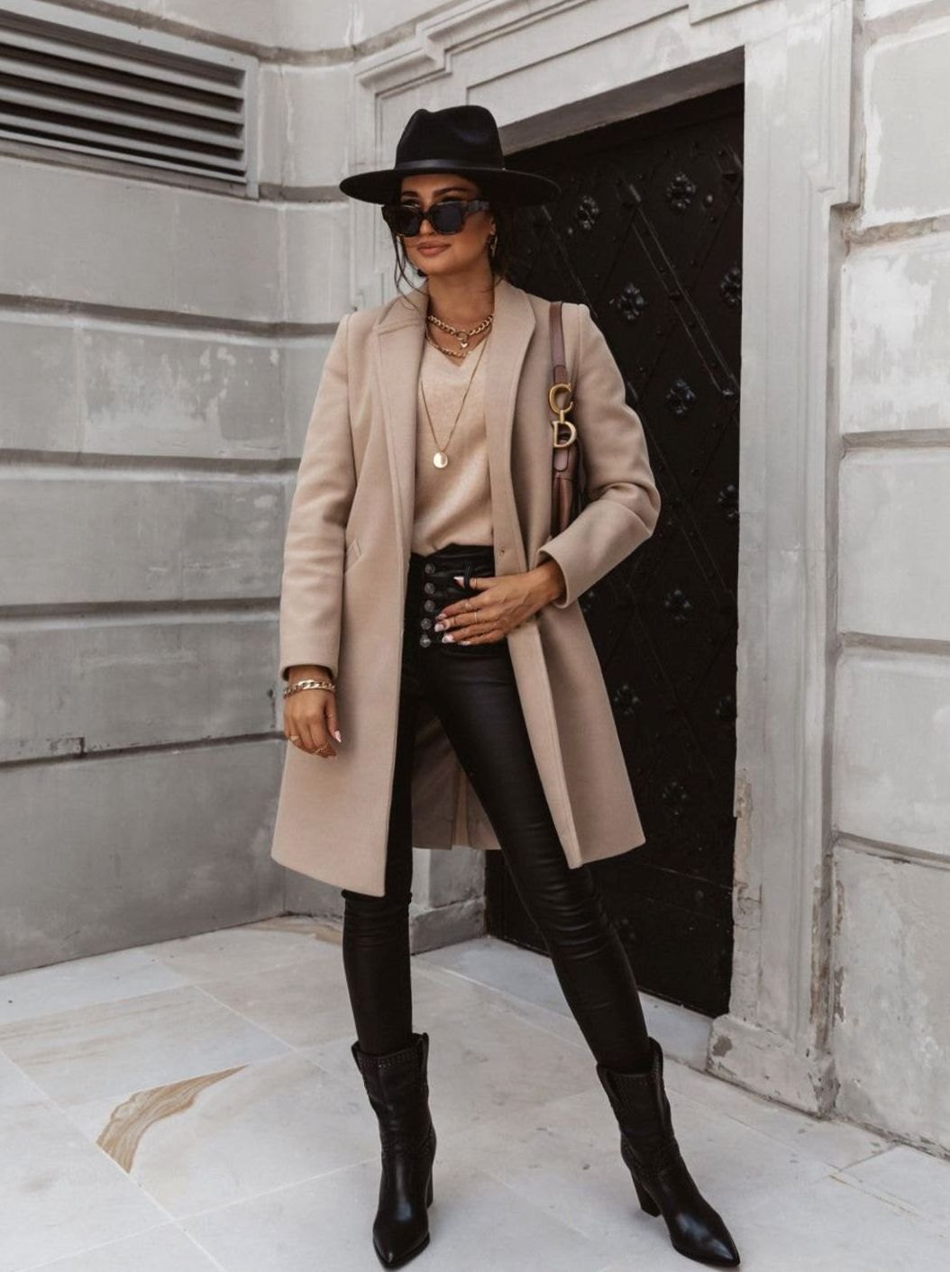 Women's Double-Breasted Tailored Long Coat - Apricot