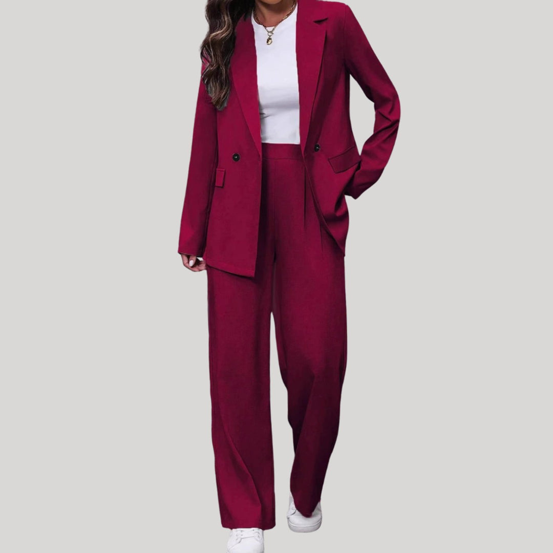 Women's Double-Breasted Tailored Wide-Leg Blazer Pants Suit Set - Burgundy