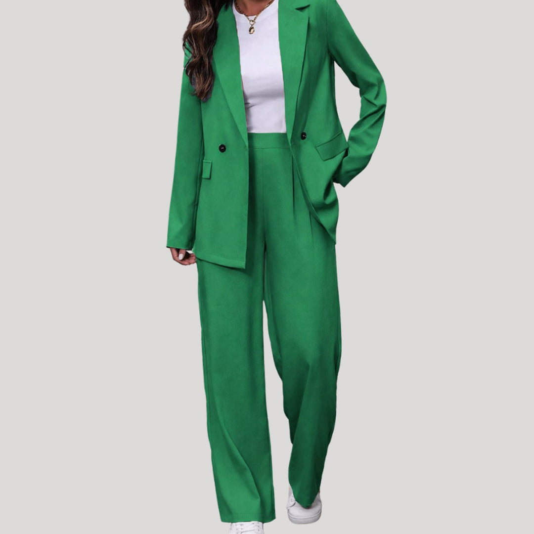 Women's Double-Breasted Tailored Wide-Leg Blazer Pants Suit Set - Green