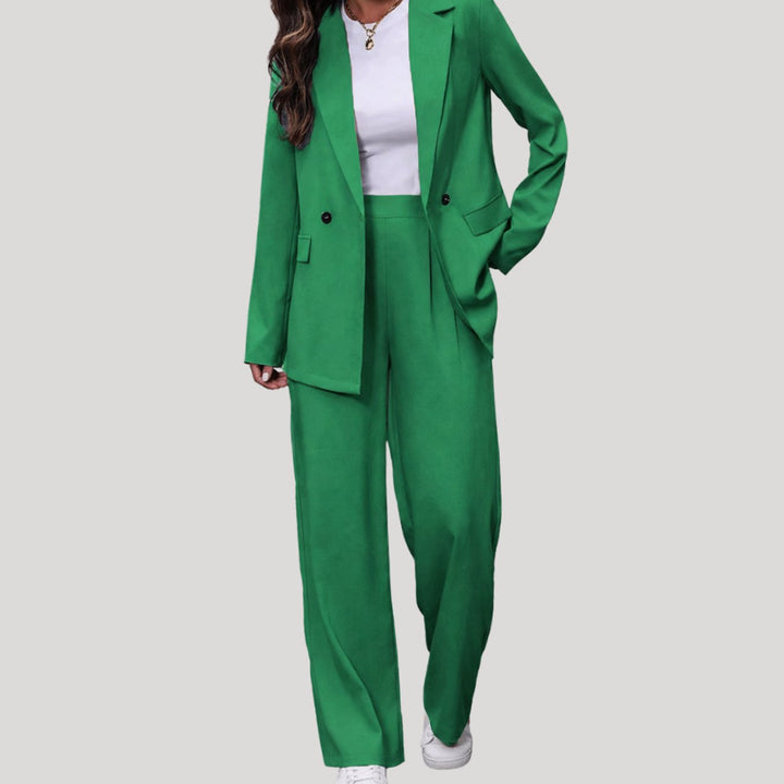 Women's Double-Breasted Tailored Wide-Leg Blazer Pants Suit Set - Green
