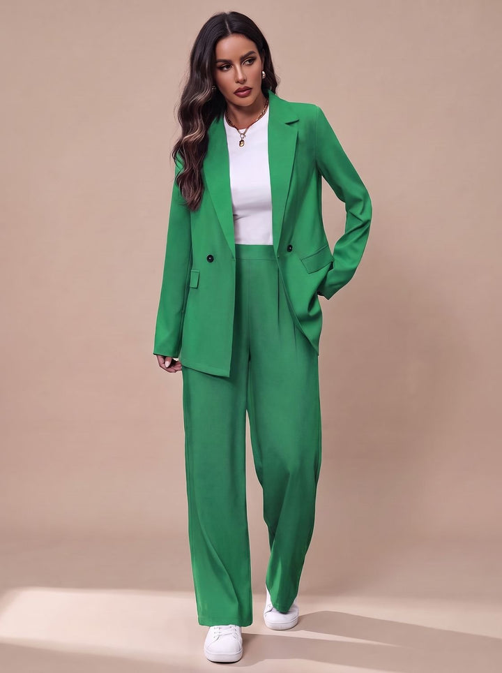 Women's Double-Breasted Tailored Wide-Leg Blazer Pants Suit Set, Burgundy - Green