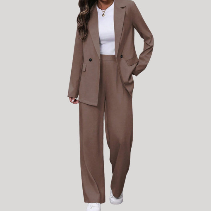 Women's Double-Breasted Tailored Wide-Leg Blazer Pants Suit Set - Brown