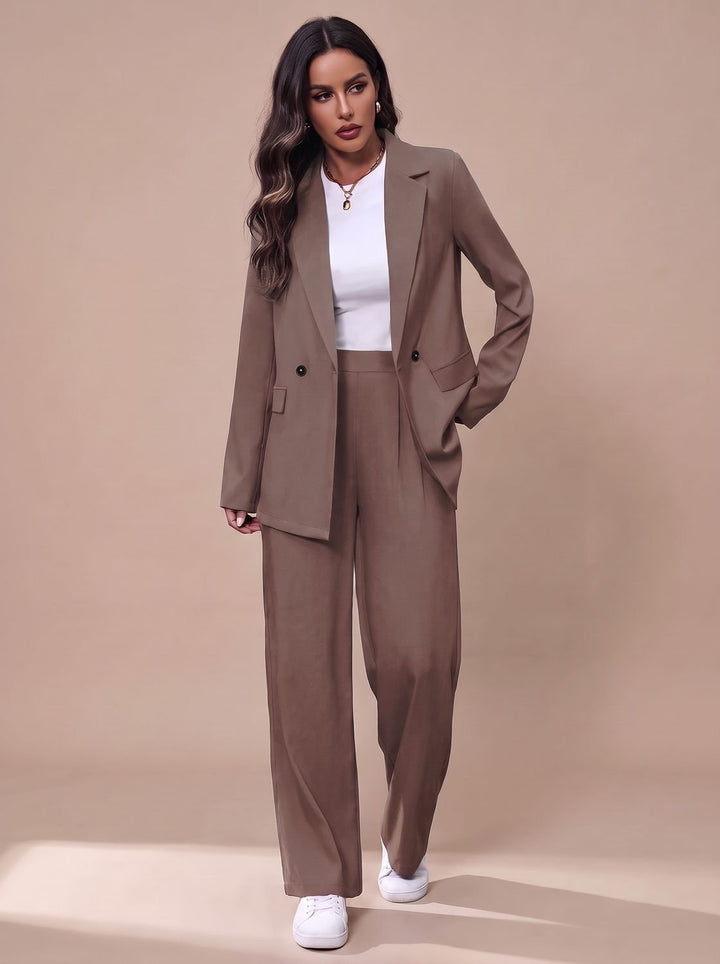 Women's Double-Breasted Tailored Wide-Leg Blazer Pants Suit Set, Burgundy - Brown