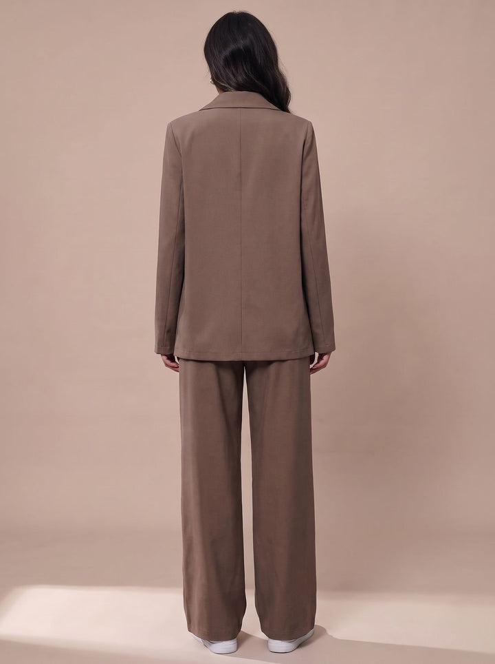 Women's Double-Breasted Tailored Wide-Leg Blazer Pants Suit Set, Burgundy