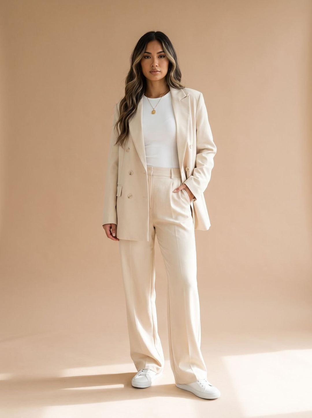 Women's Double-Breasted Tailored Wide-Leg Blazer Pants Suit Set, Burgundy - White