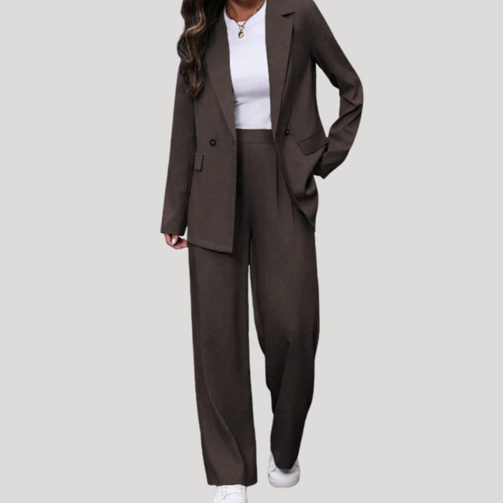 Women's Double-Breasted Tailored Wide-Leg Blazer Pants Suit Set - Dark Brown