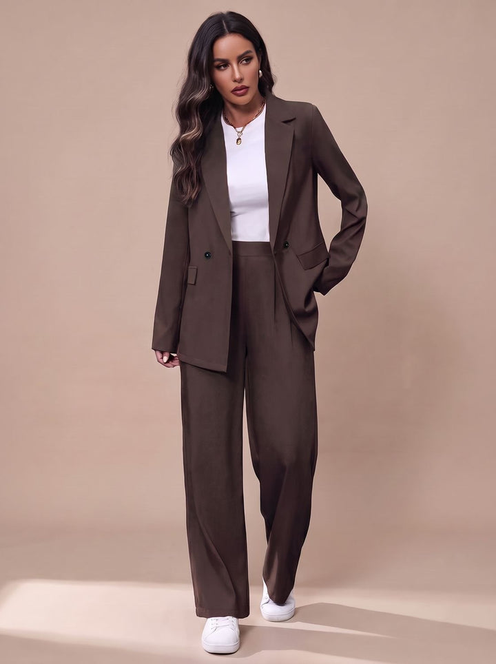 Women's Double-Breasted Tailored Wide-Leg Blazer Pants Suit Set, Burgundy - Dark Brown