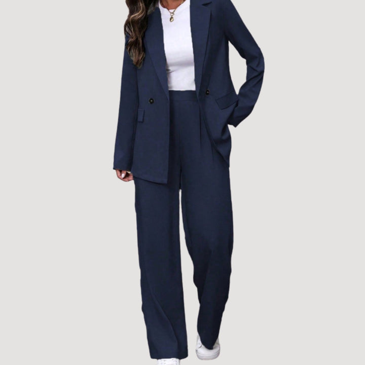 Women's Double-Breasted Tailored Wide-Leg Blazer Pants Suit Set - Navy Blue