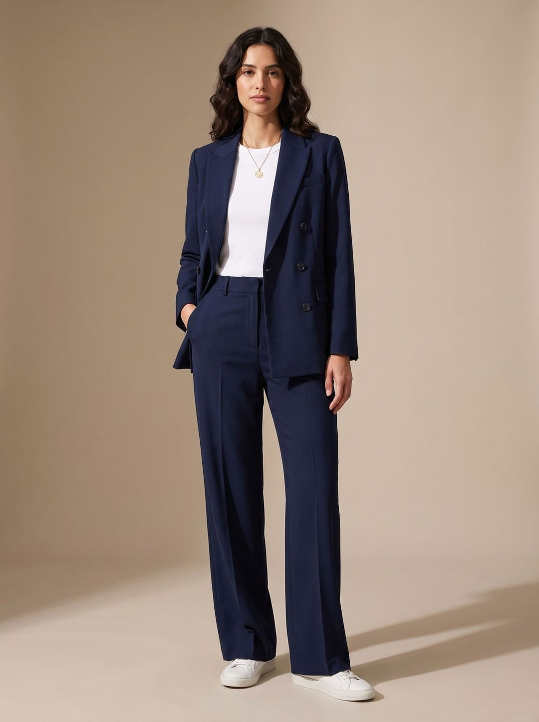 Women's Double-Breasted Tailored Wide-Leg Blazer Pants Suit Set, Burgundy - Navy Blue