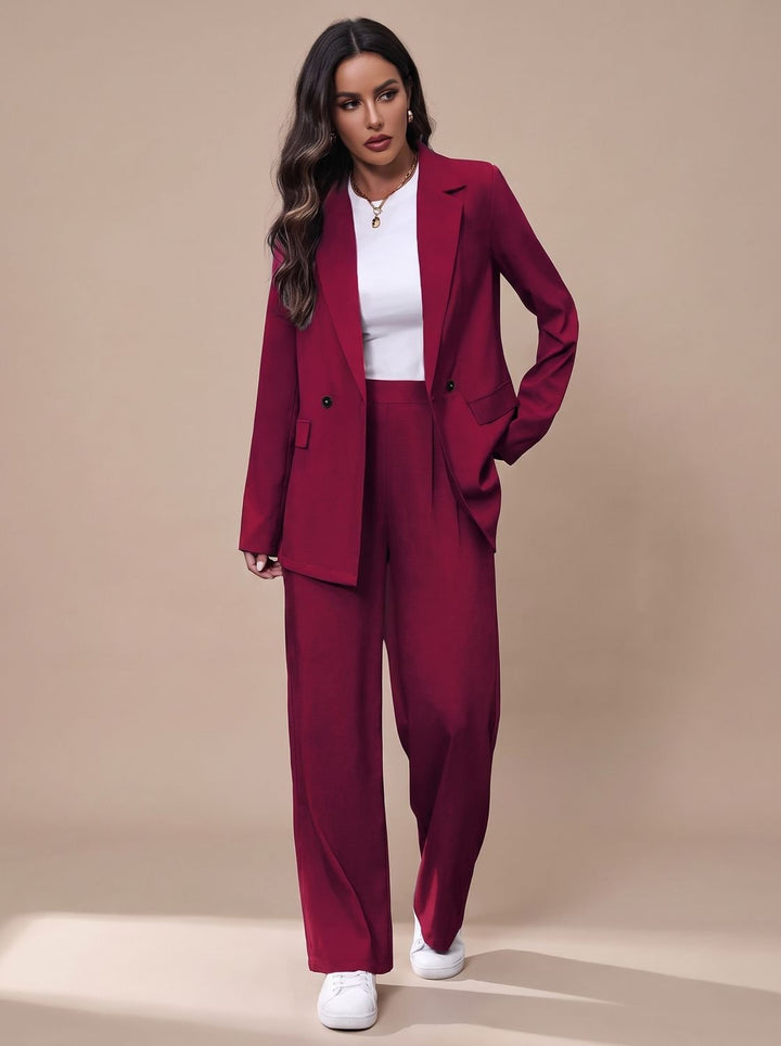 Women's Double-Breasted Tailored Wide-Leg Blazer Pants Suit Set, Burgundy - Burgundy