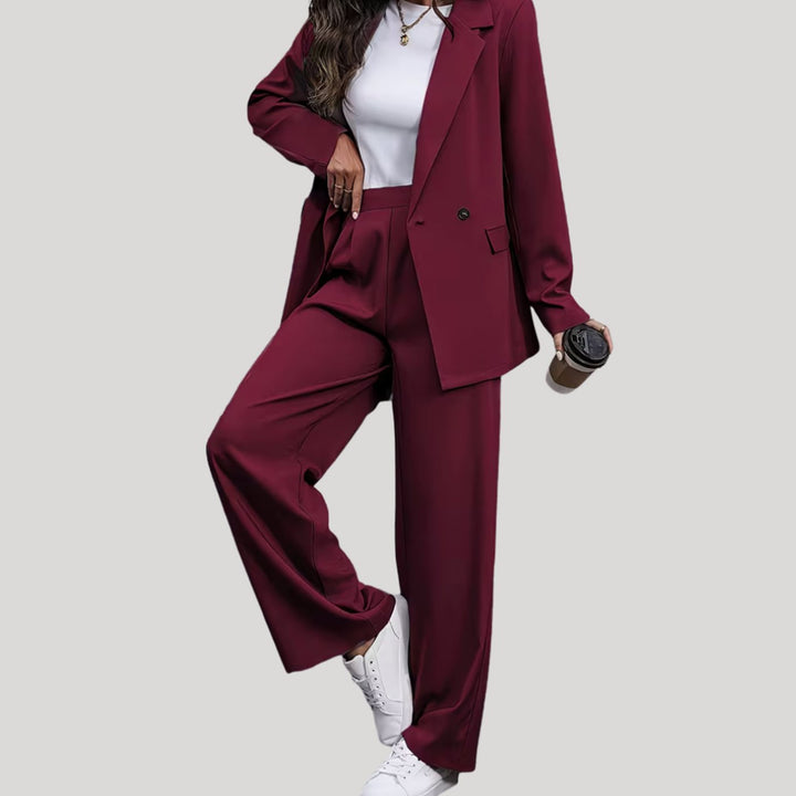 Women's Double-Breasted Tailored Wide-Leg Blazer Pants Suit Set, Burgundy