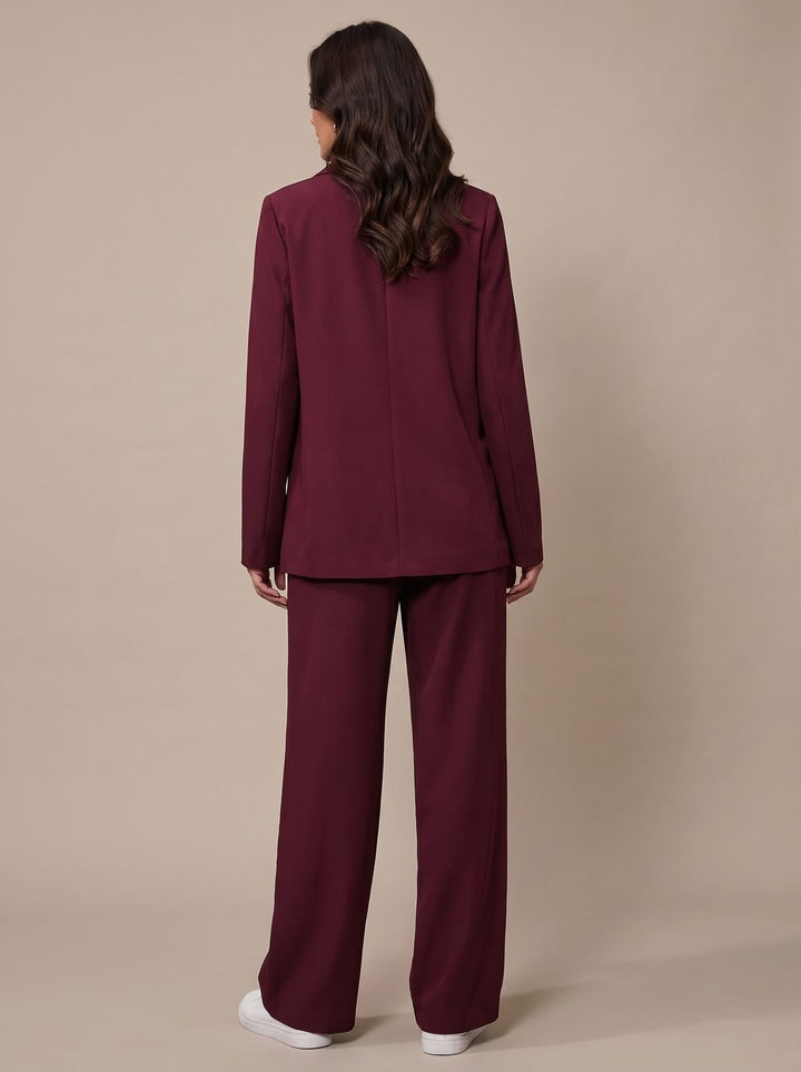 Women's Double-Breasted Tailored Wide-Leg Blazer Pants Suit Set, Burgundy