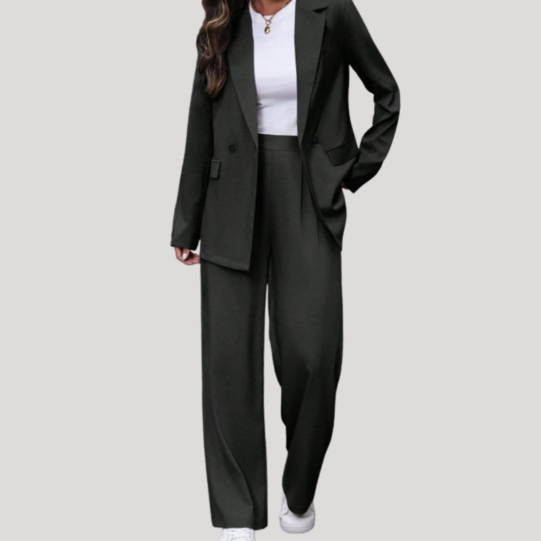 Women's Double-Breasted Tailored Wide-Leg Blazer Pants Suit Set - Black