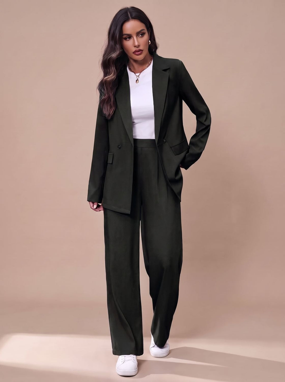 Women's Double-Breasted Tailored Wide-Leg Blazer Pants Suit Set, Burgundy - Black
