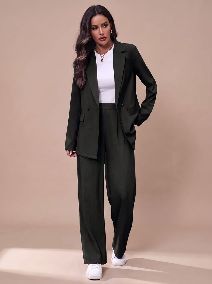 Women's Double-Breasted Tailored Wide-Leg Blazer Pants Suit Set, Burgundy - Black