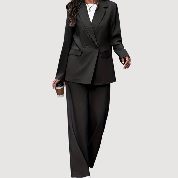 Women's Double-Breasted Tailored Wide-Leg Blazer Pants Suit Set, Burgundy