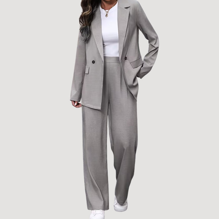 Women's Double-Breasted Tailored Wide-Leg Blazer Pants Suit Set - Light Gray