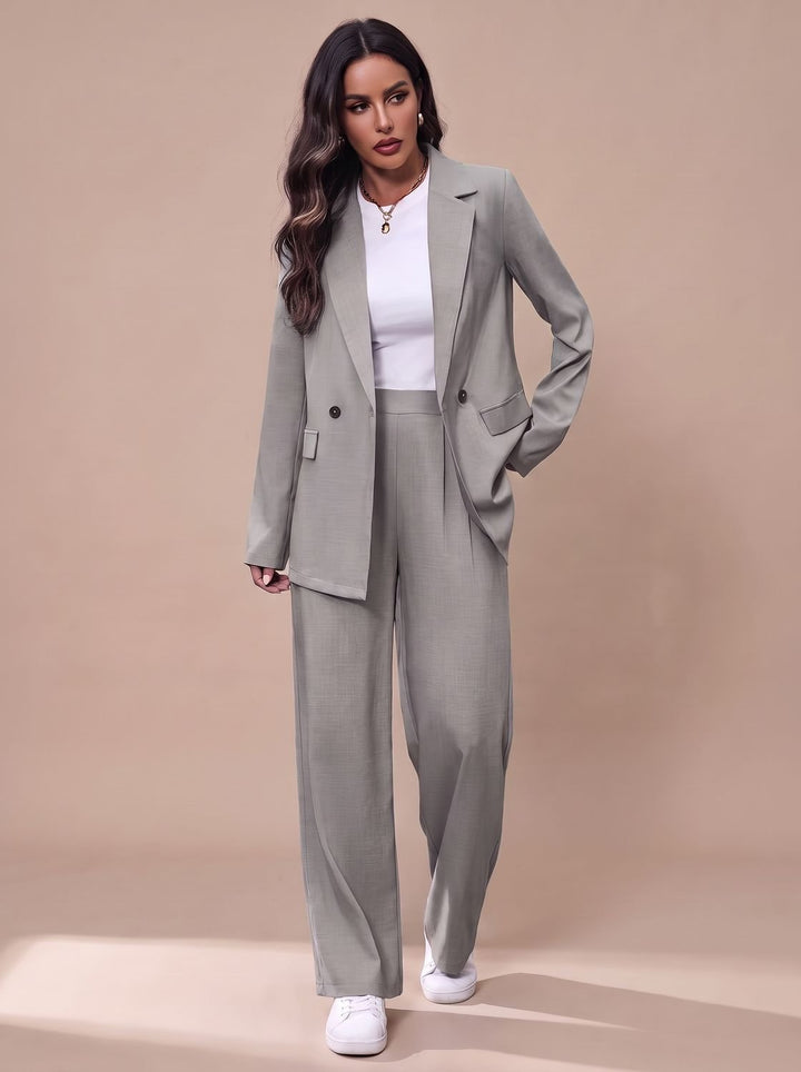 Women's Double-Breasted Tailored Wide-Leg Blazer Pants Suit Set, Burgundy - Light Gray