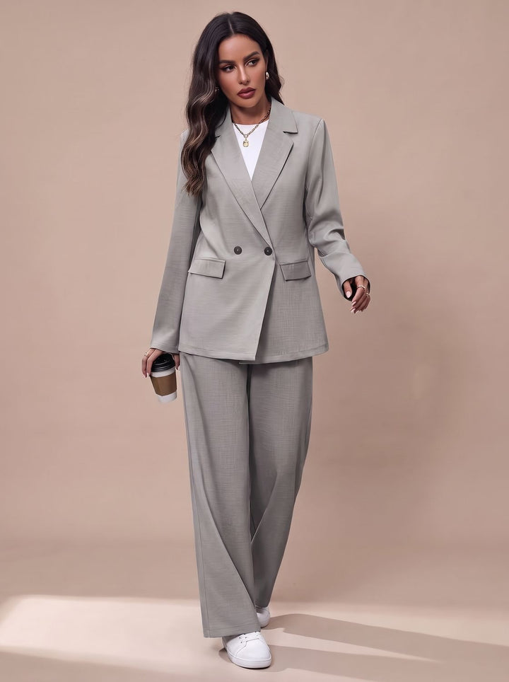 Women's Double-Breasted Tailored Wide-Leg Blazer Pants Suit Set, Burgundy