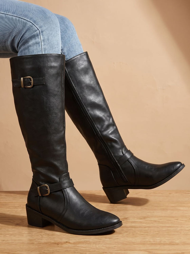Women's Double Buckle Faux Leather Knee High Boots