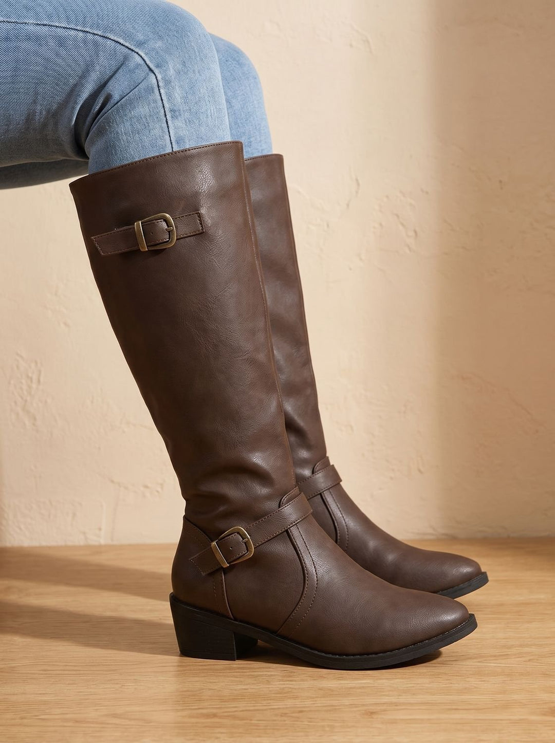 Women's Double Buckle Faux Leather Knee High Boots