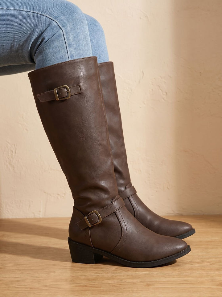Women's Double Buckle Faux Leather Knee High Boots