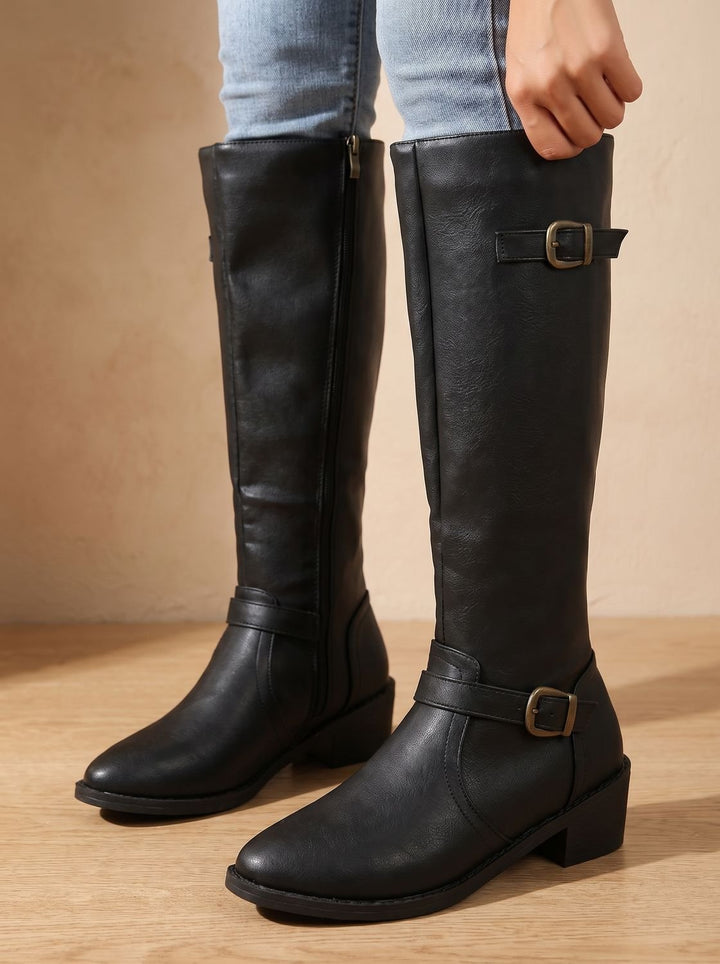 Women's Double Buckle Faux Leather Knee High Boots