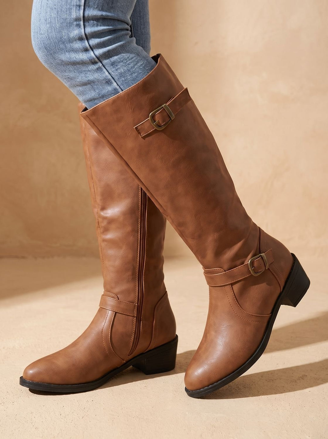 Women's Double Buckle Faux Leather Knee High Boots