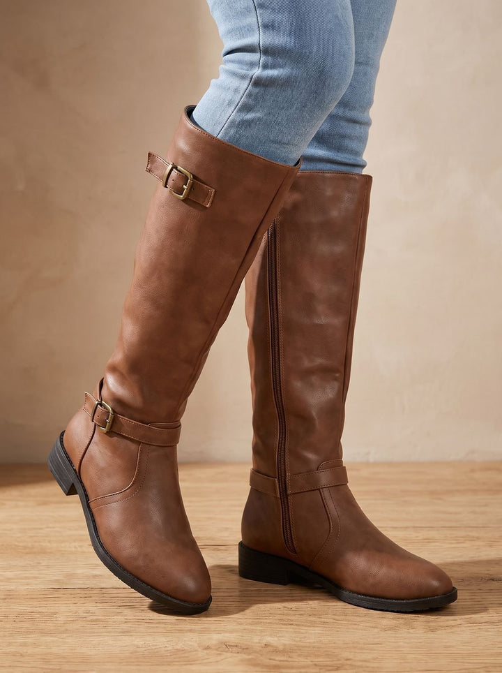 Women's Double Buckle Faux Leather Knee High Boots - Brown