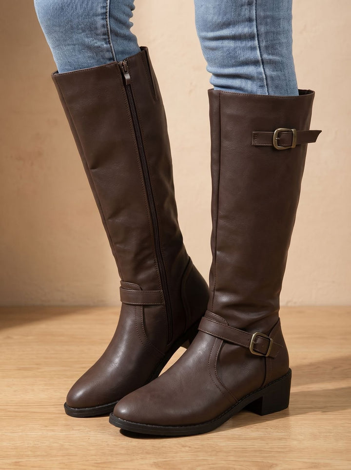 Women's Double Buckle Faux Leather Knee High Boots