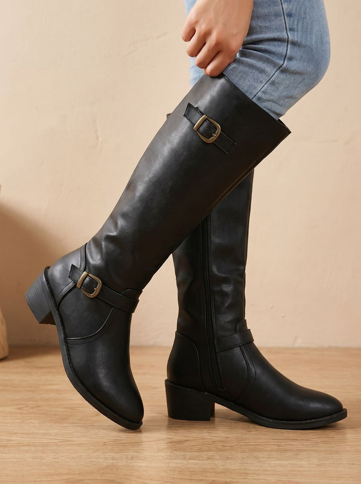 Women's Double Buckle Faux Leather Knee High Boots - Black