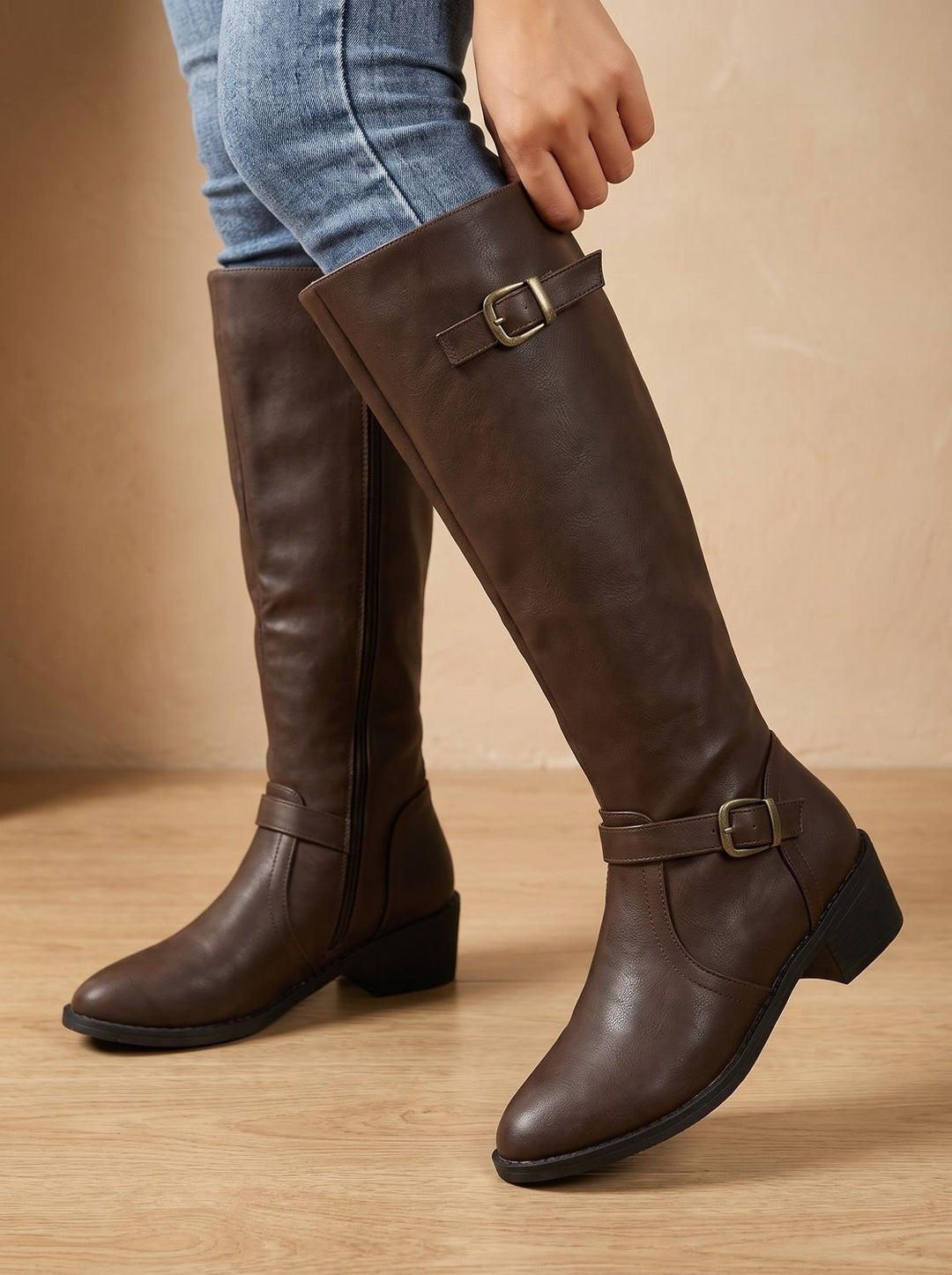 Women's Double Buckle Faux Leather Knee High Boots - Dark Brown
