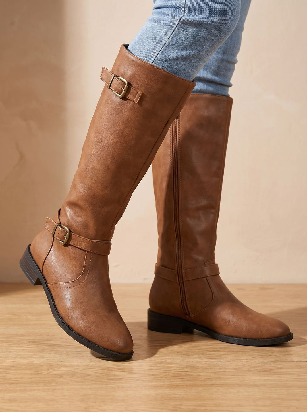 Women's Double Buckle Faux Leather Knee High Boots