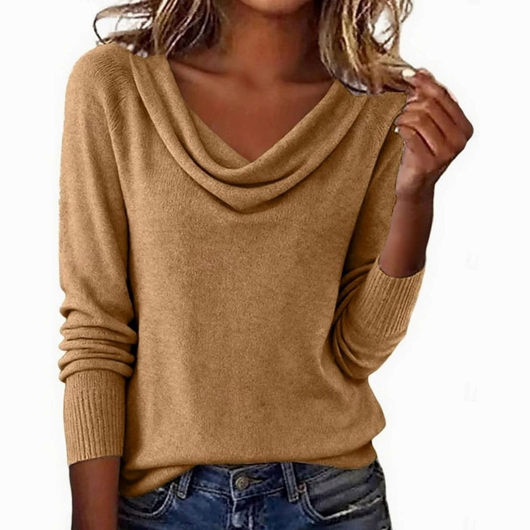 Women's Draped Cowl Neck Long-Sleeve Knit Sweater - Khaki