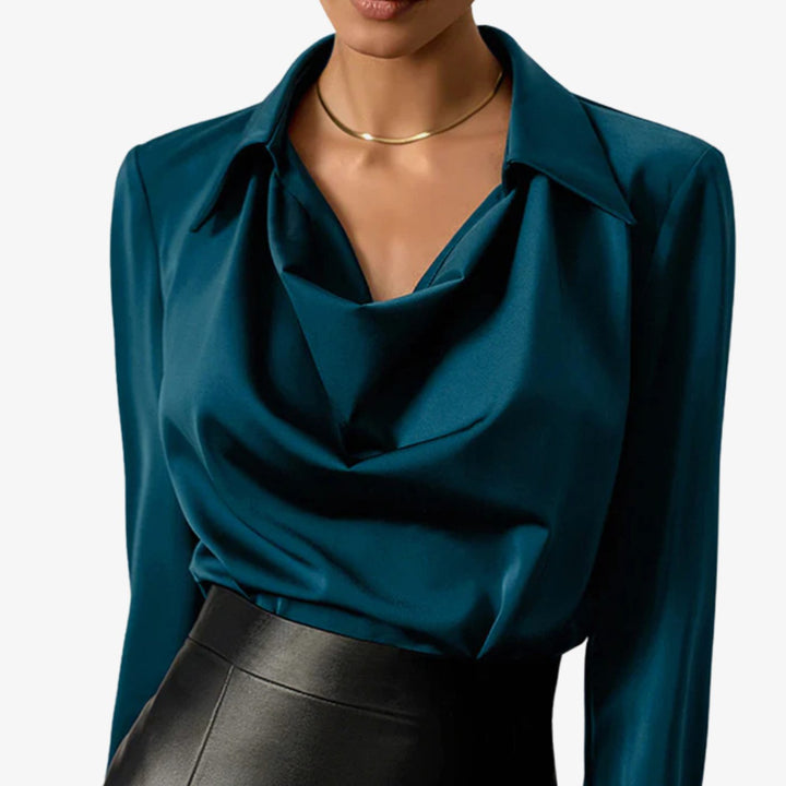 Women's Draped-Neck Long-Sleeve Satin Blouse