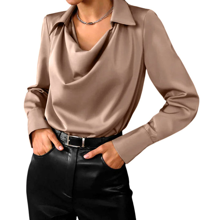 Women's Draped-Neck Long-Sleeve Satin Blouse