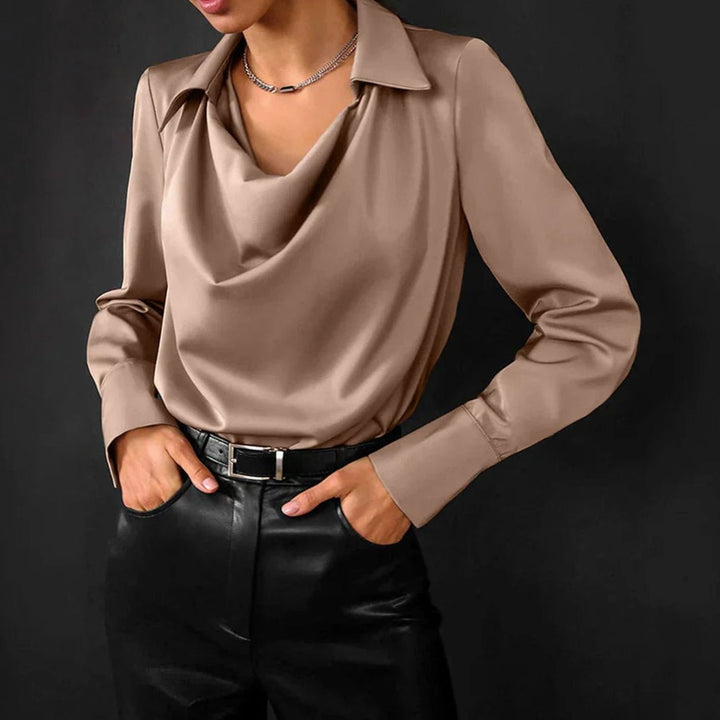 Women's Draped-Neck Long-Sleeve Satin Blouse - Bronze