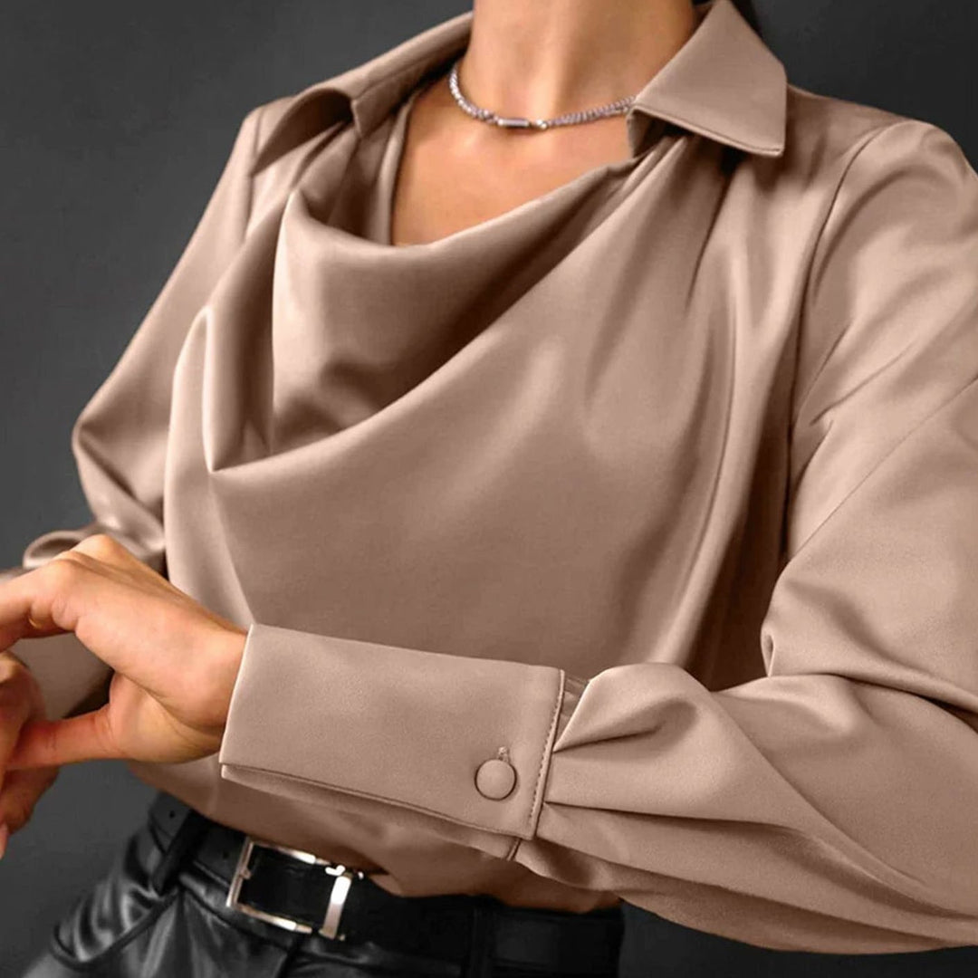 Women's Draped-Neck Long-Sleeve Satin Blouse