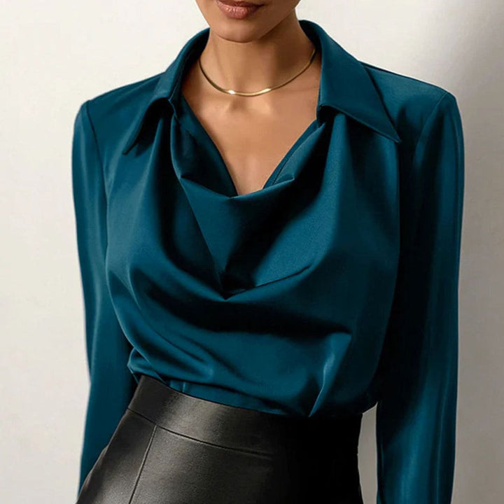 Women's Draped-Neck Long-Sleeve Satin Blouse - Blue
