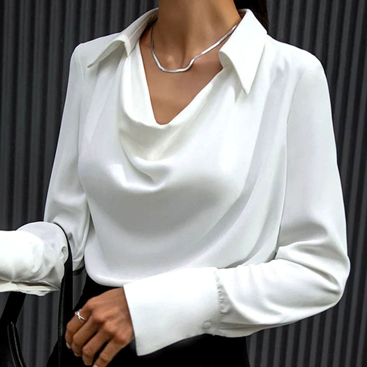 Women's Draped-Neck Long-Sleeve Satin Blouse - White