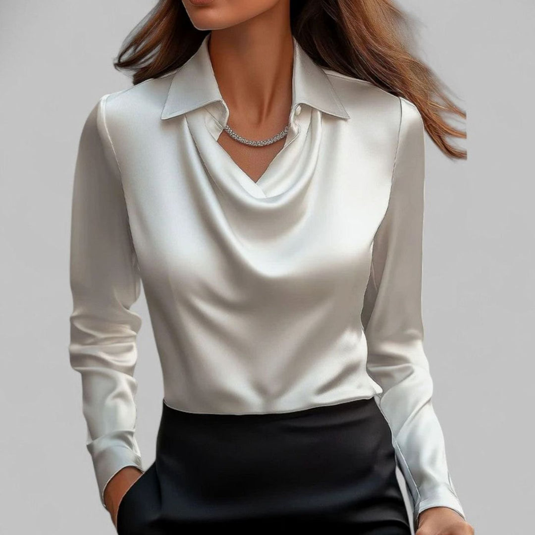 Women's Draped-Neck Long-Sleeve Satin Blouses Collared Top - White
