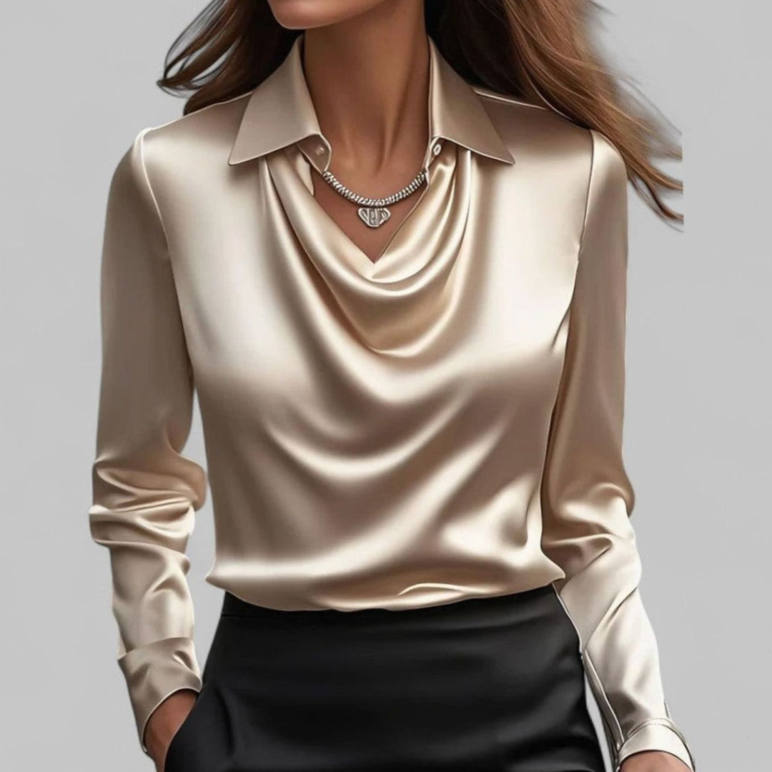 Women's Draped-Neck Long-Sleeve Satin Blouses Collared Top - Champagne