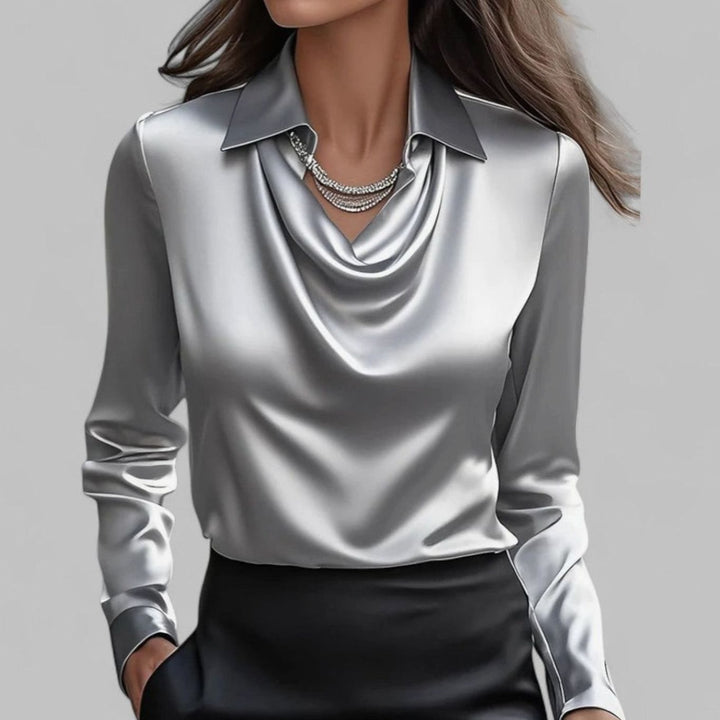 Women's Draped-Neck Long-Sleeve Satin Blouses Collared Top - Grey