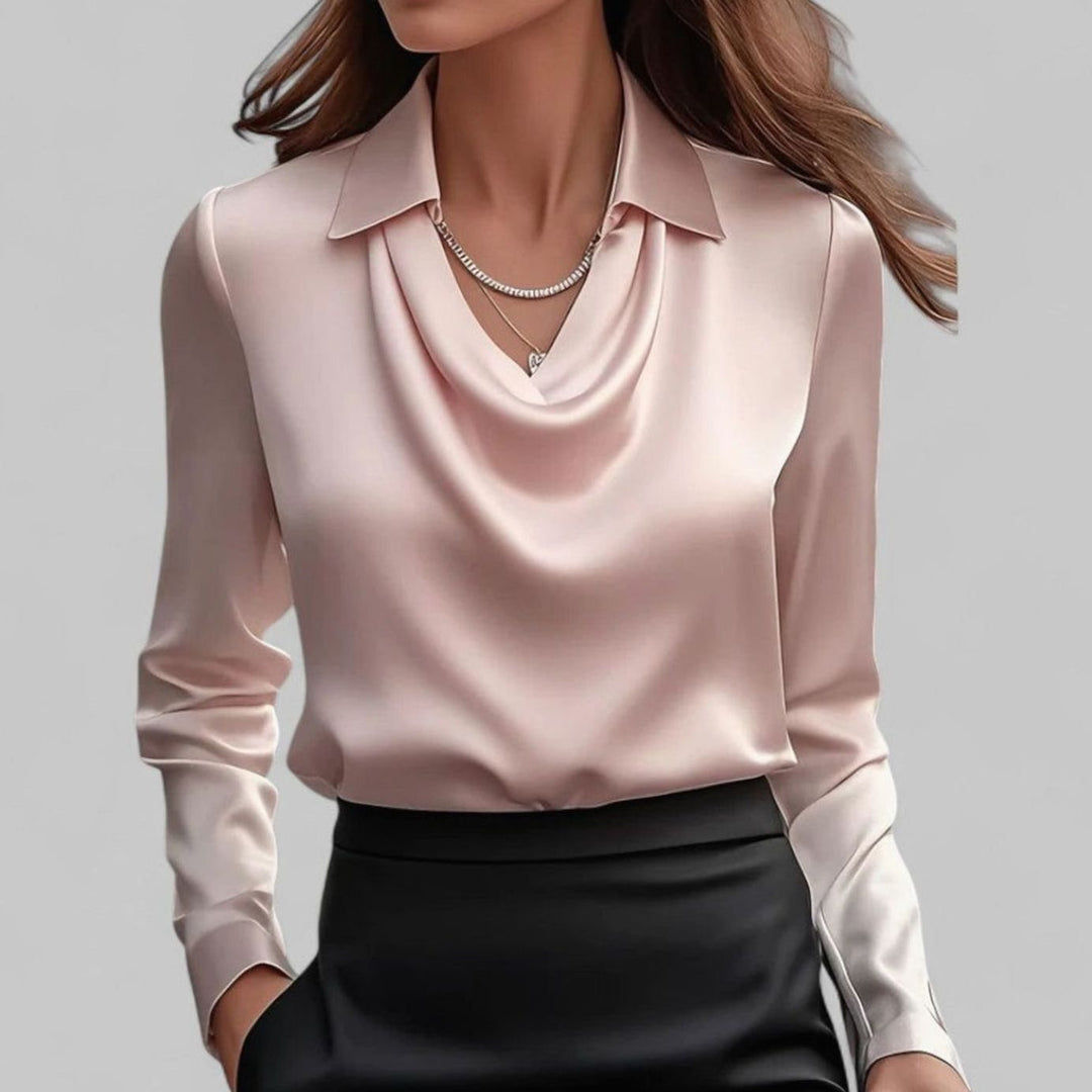 Women's Draped-Neck Long-Sleeve Satin Blouses Collared Top - Pink