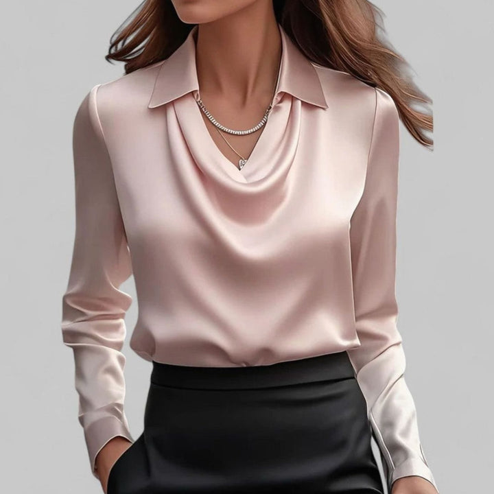 Women's Draped-Neck Long-Sleeve Satin Blouses Collared Top - Pink