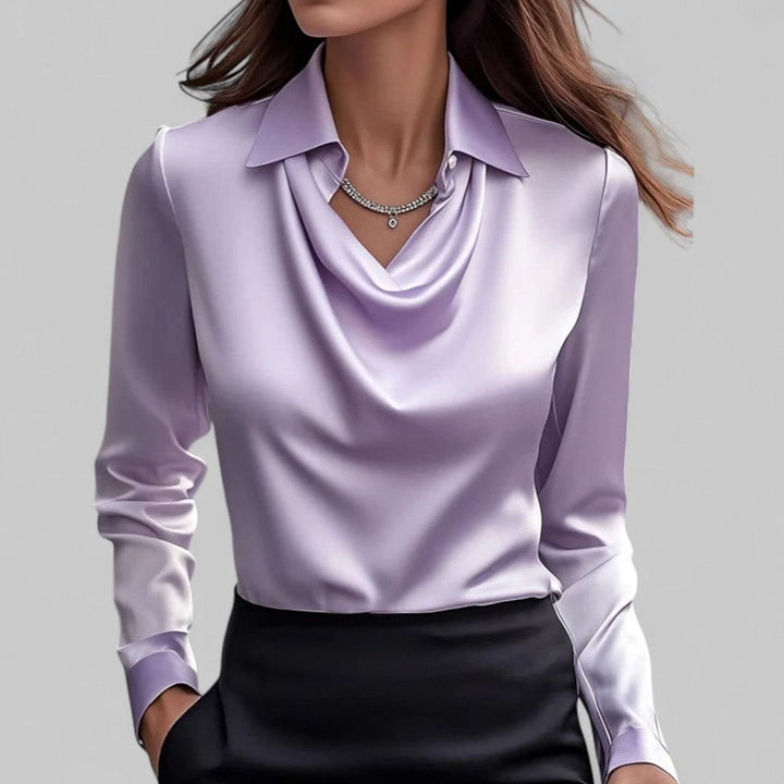 Women's Draped-Neck Long-Sleeve Satin Blouses Collared Top - Purple